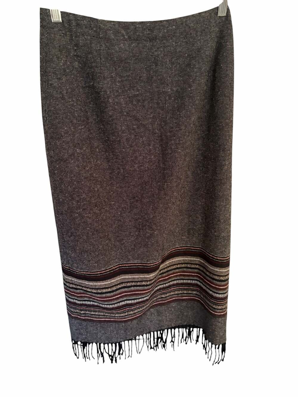 Midi Skirt Gray Wool Blend boho artsy  Striped Hem with Fringe Detail size 8
